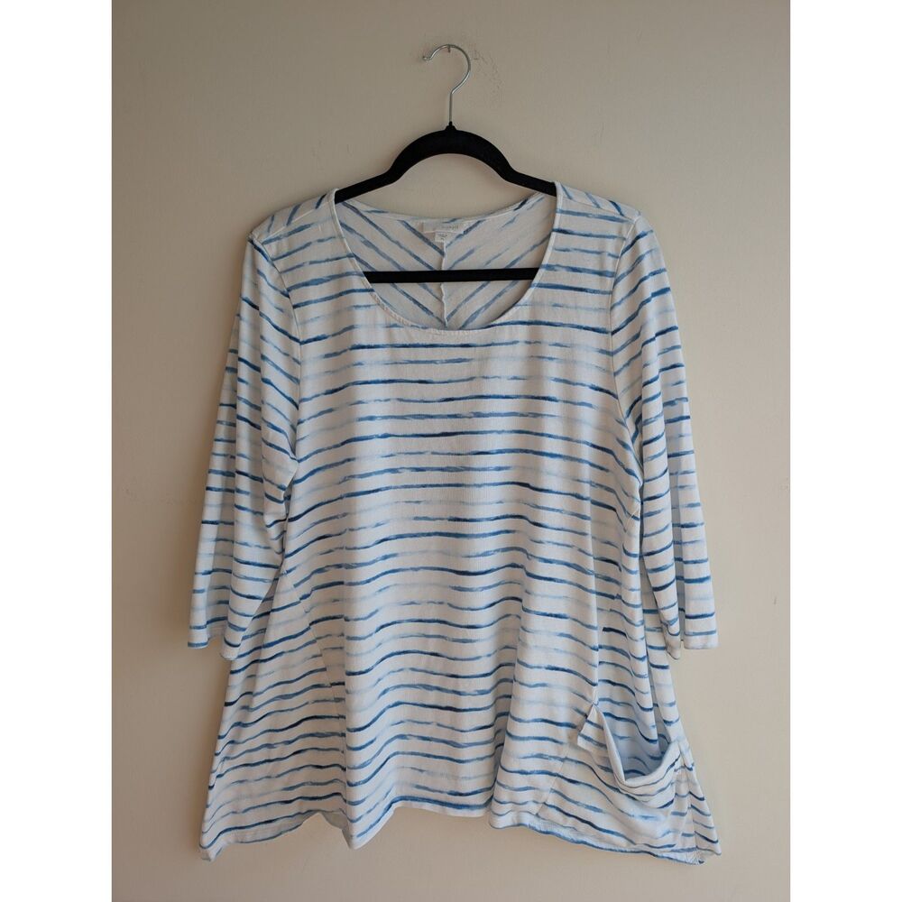 Pure Jill J. Jill Tunic Top XL Blue White Watercolor Stripe 3/4 Sleeve Top